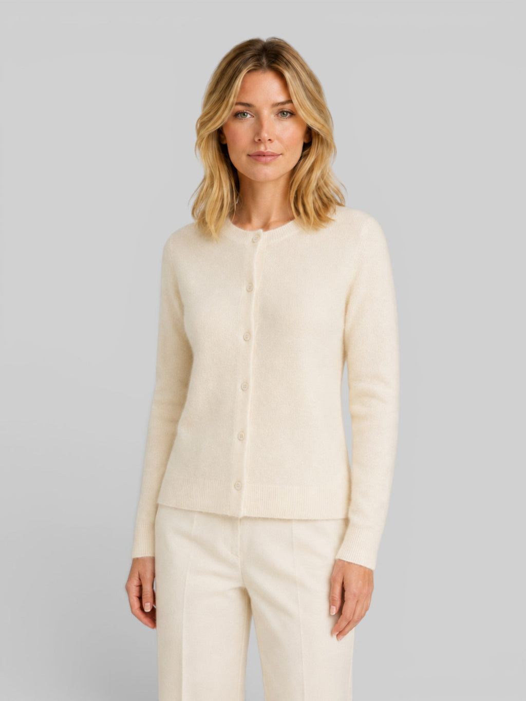 Women's wool knit cardigan, beige, button-front long sleeves, relaxed fit