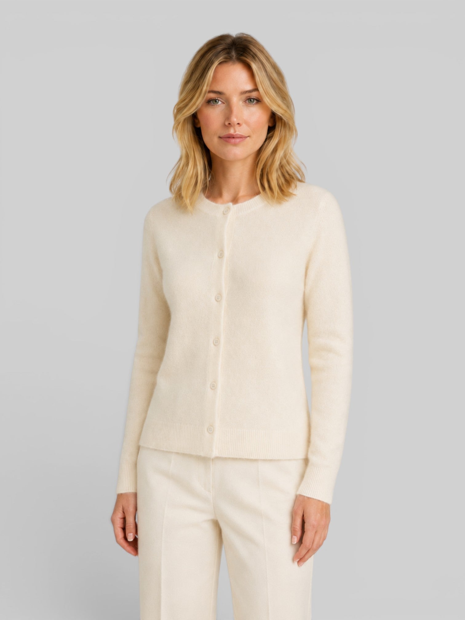 Women's wool knit cardigan, beige, button-front long sleeves, relaxed fit