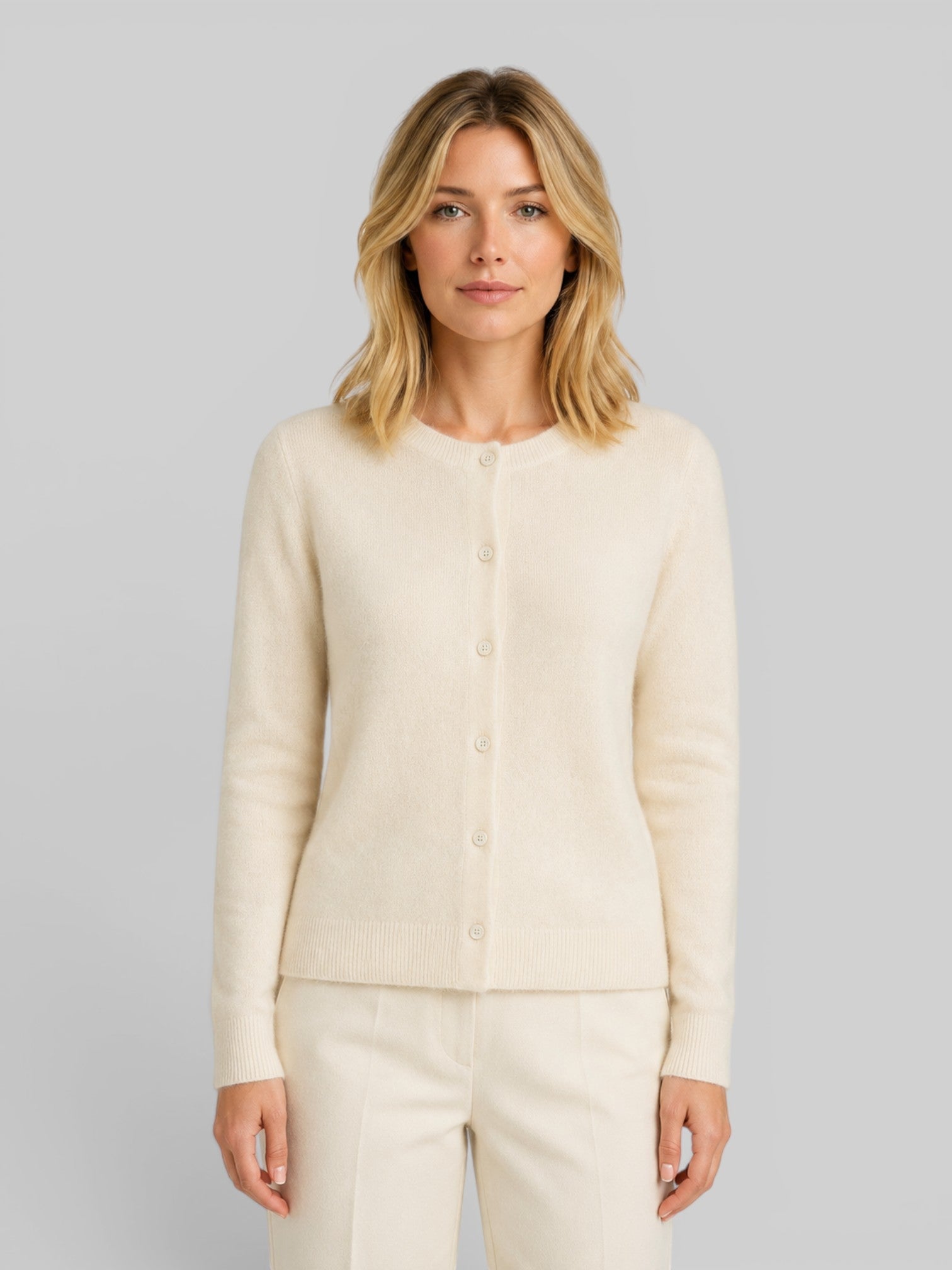 Women's wool knit cardigan, beige, front view, button placket long sleeves