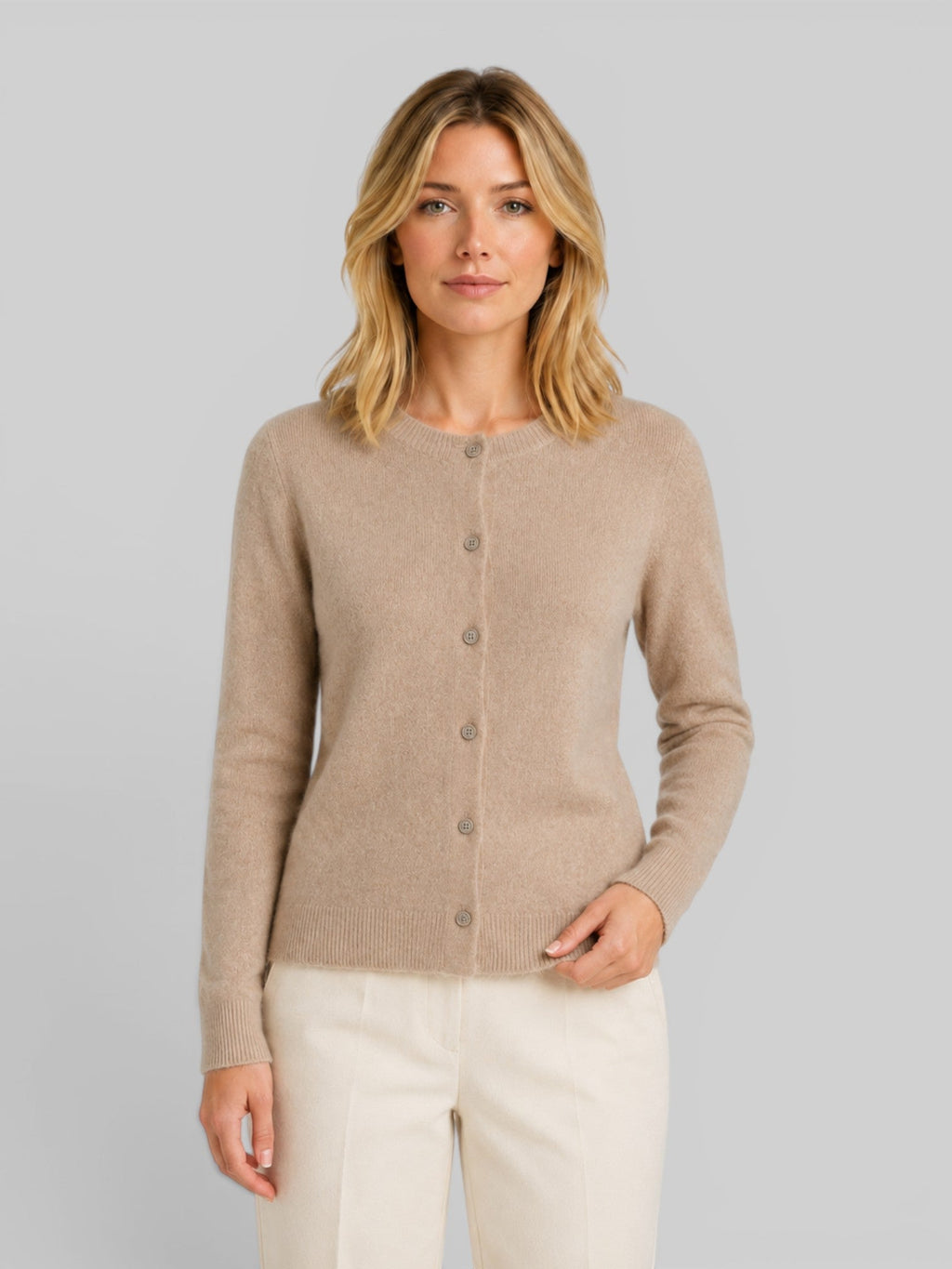 Women's wool knit cardigan, beige button-front with long sleeves and relaxed fit
