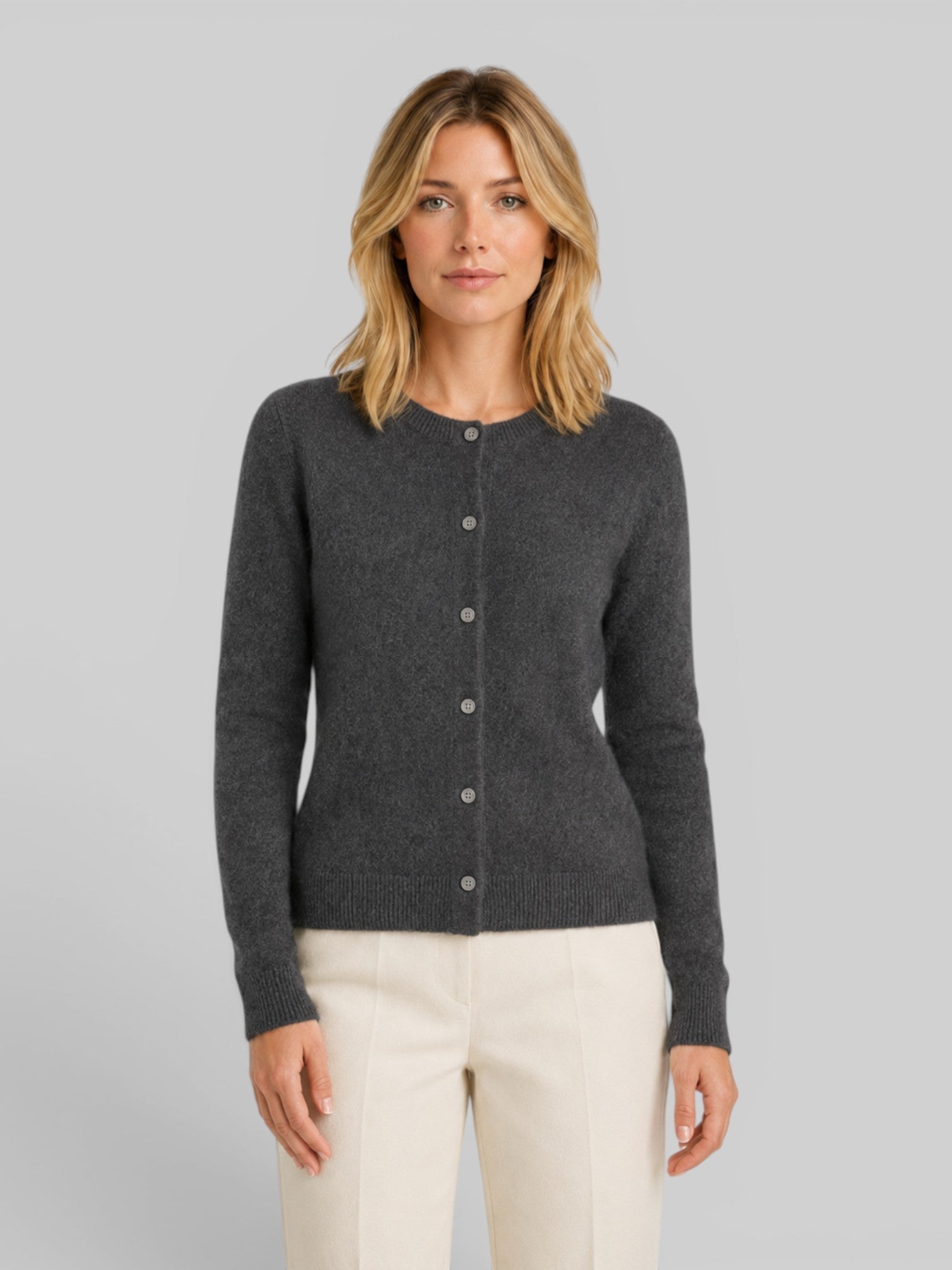 Women's wool knit cardigan, dark grey, button-front long sleeves