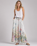 Women's A-line maxi skirt with elastic waistband and vintage floral print, full length