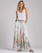 Women's A-line maxi skirt with elastic waistband and vintage floral print, full length