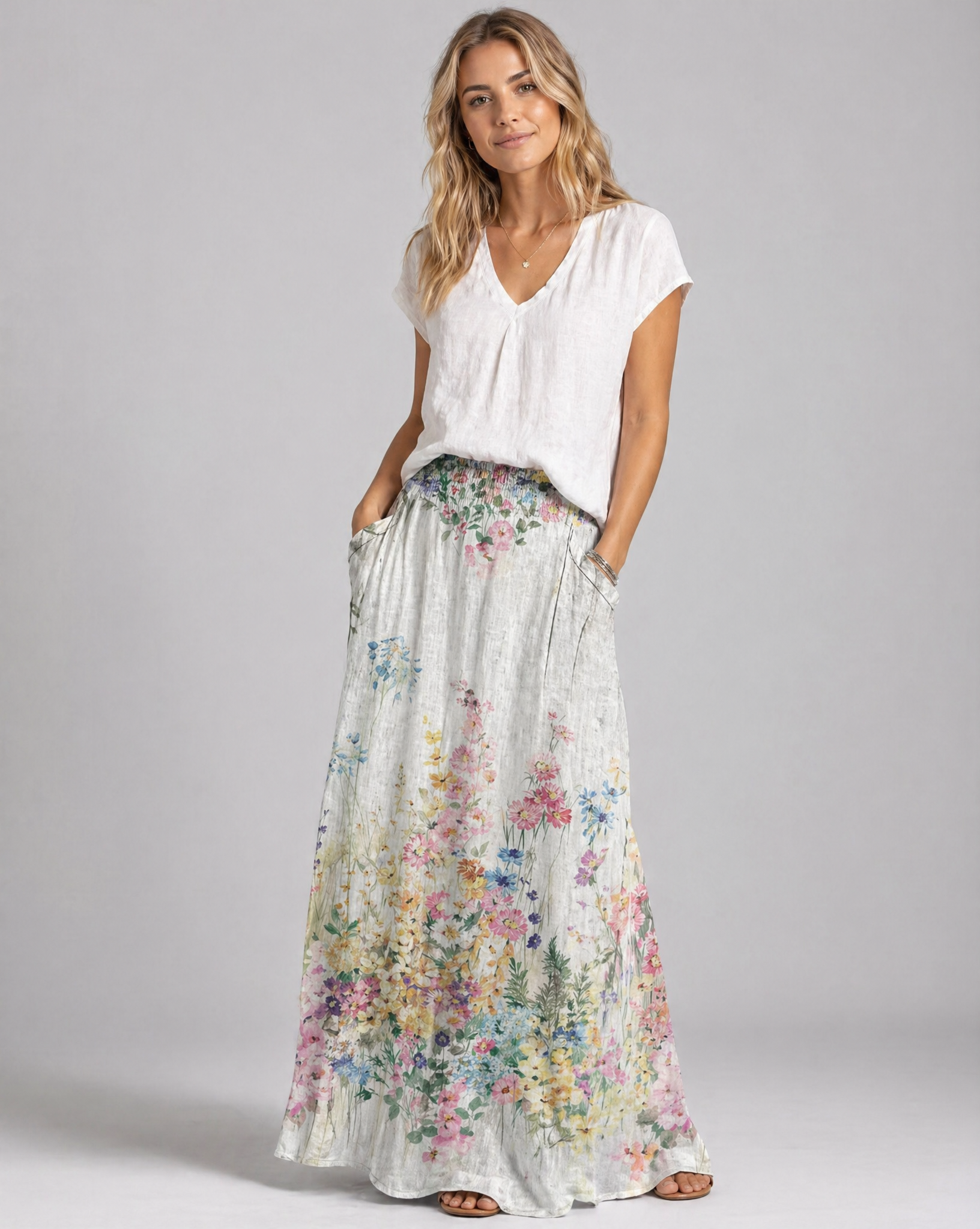 Women's A-line maxi skirt with vintage floral print on light gray, elastic waist
