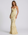 Lemon yellow fitted cocktail dress with gold floral embroidery and narrow shoulder straps