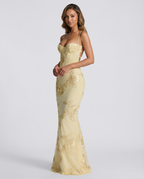 Lemon yellow fitted cocktail dress with gold floral embroidery and spaghetti straps