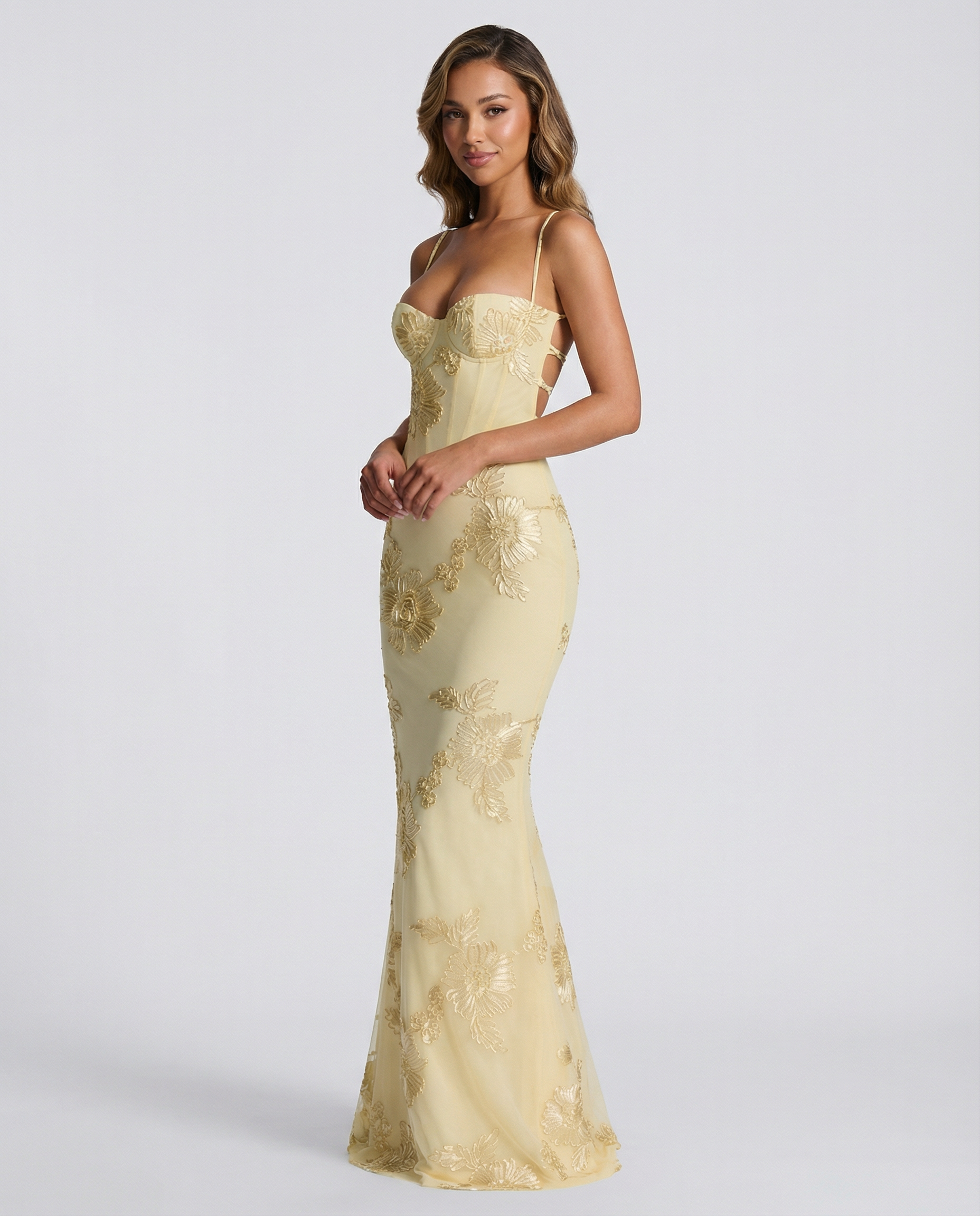 Lemon yellow fitted cocktail dress with gold floral embroidery and spaghetti straps