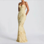 Lemon yellow bodycon cocktail dress with gold floral pattern and fitted mermaid hem