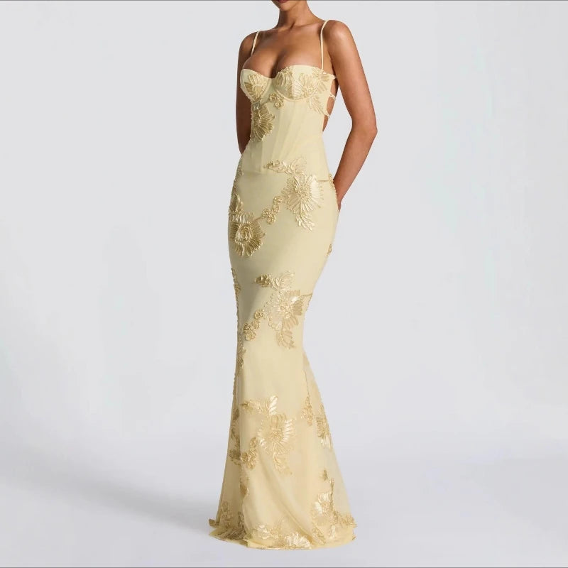 Lemon yellow bodycon cocktail dress with gold floral pattern and fitted mermaid hem