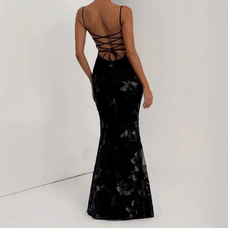 Black backless floral cocktail dress with crisscross open-back straps