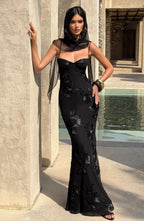 Black backless floral slim-fit cocktail dress with sheer halter straps