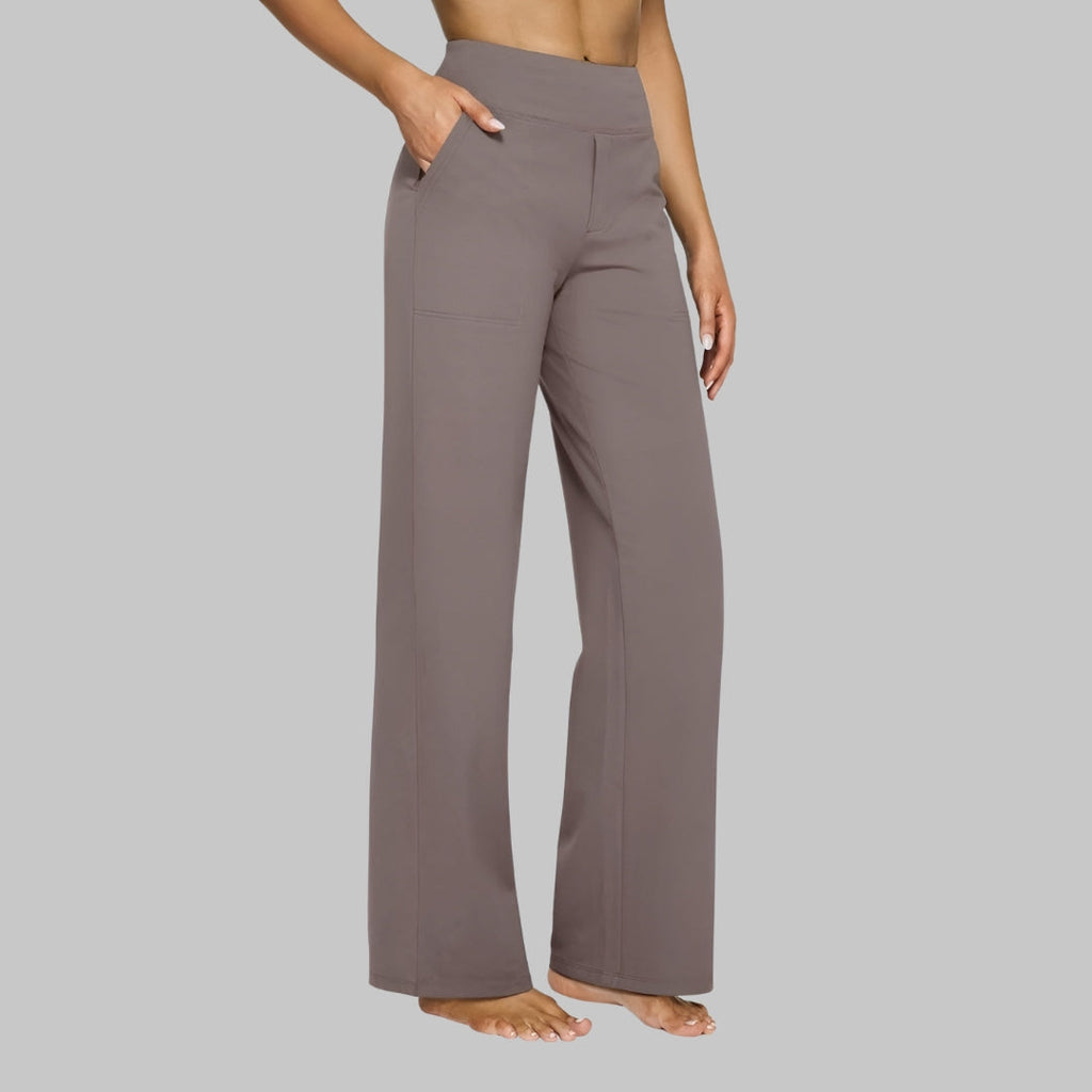 Women's comfort-fit taupe pants with side pockets, relaxed wide-leg