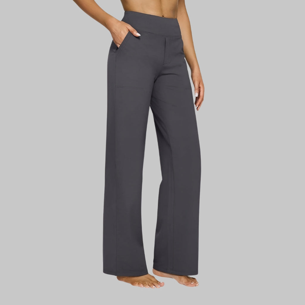 Women's comfort-fit dark gray pants with side pockets, relaxed wide-leg