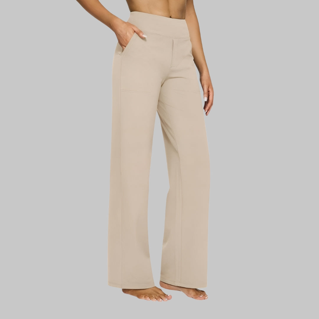 Women's comfort-fit cream pants with side pockets, relaxed wide-leg