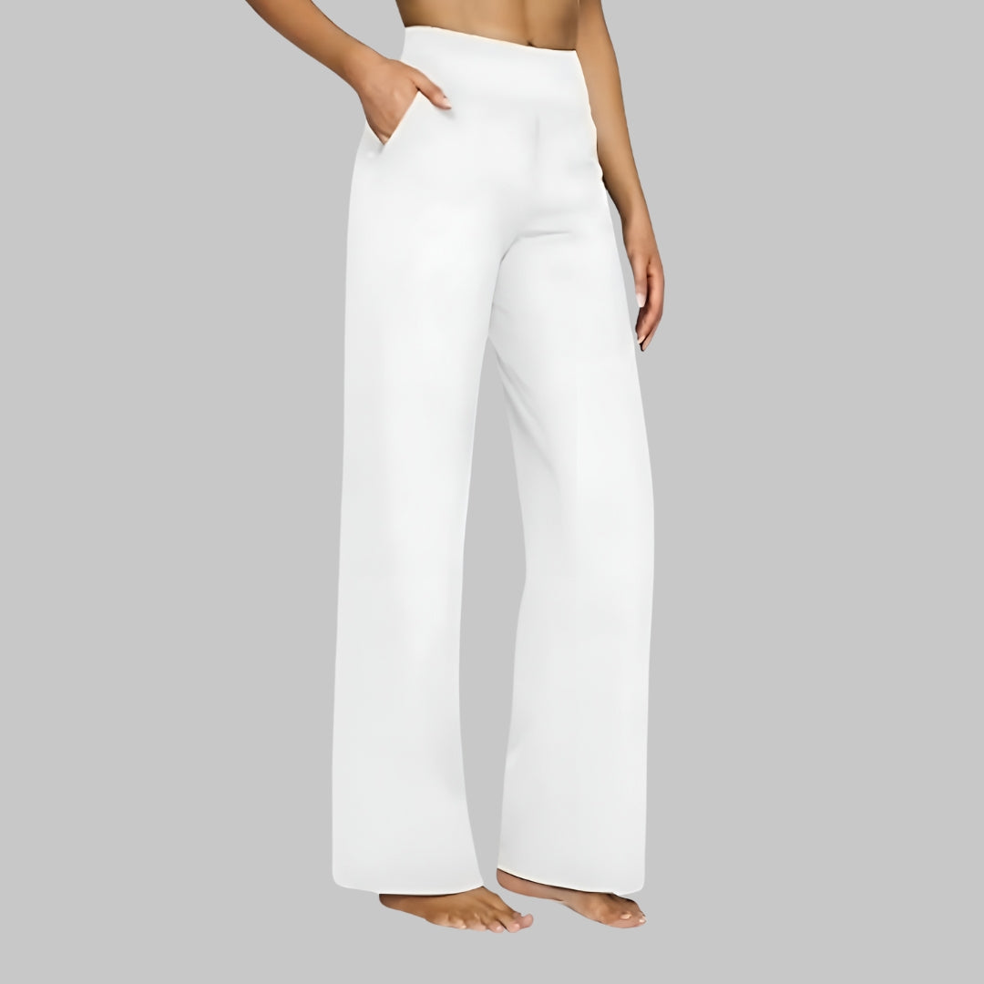 Women's comfort-fit white pants with side pockets, relaxed wide-leg