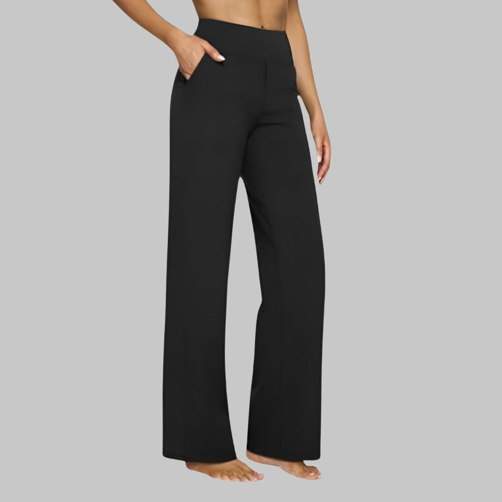 Women's comfort-fit black pants with side pockets, relaxed wide-leg
