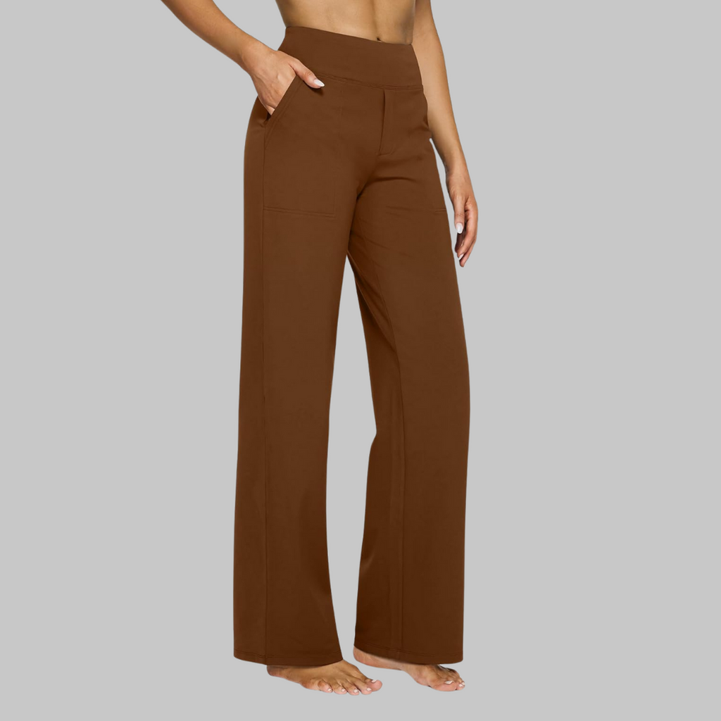 Women's comfort-fit dark brown pants with side pockets, relaxed wide-leg