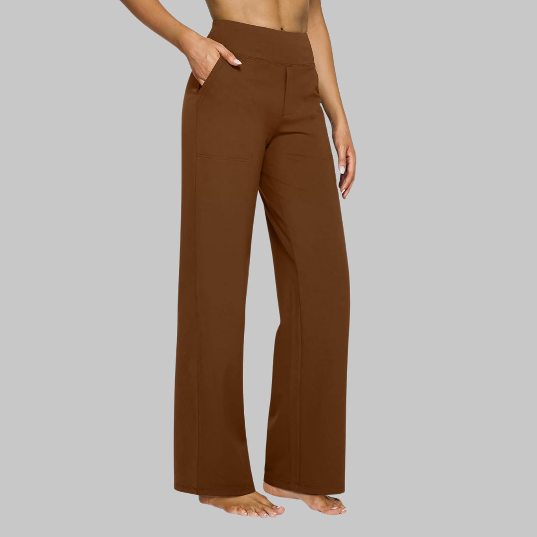 Women's comfort-fit dark brown pants with side pockets, relaxed wide-leg
