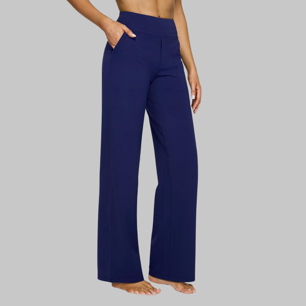 Women's comfort-fit blue pants with side pockets, relaxed wide-leg