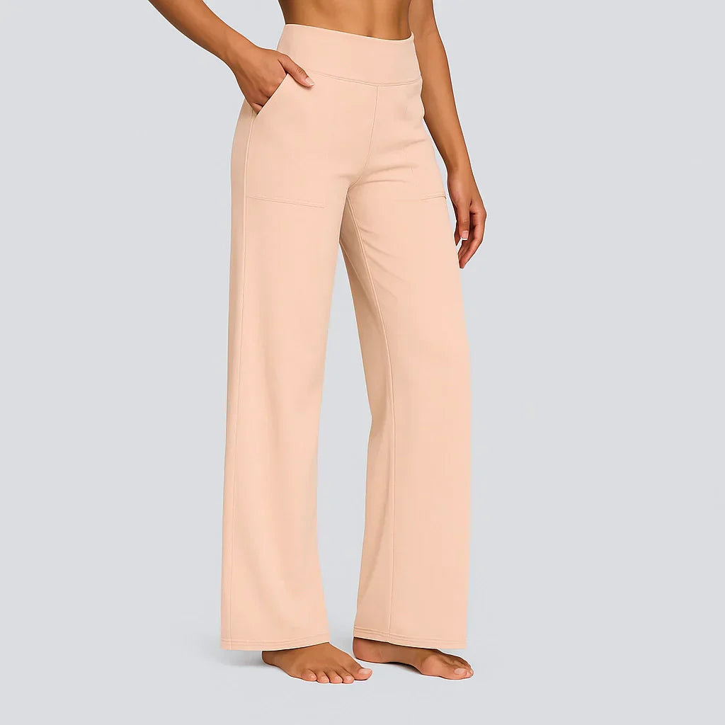 Women's comfort-fit beige pants with side pockets, relaxed wide-leg