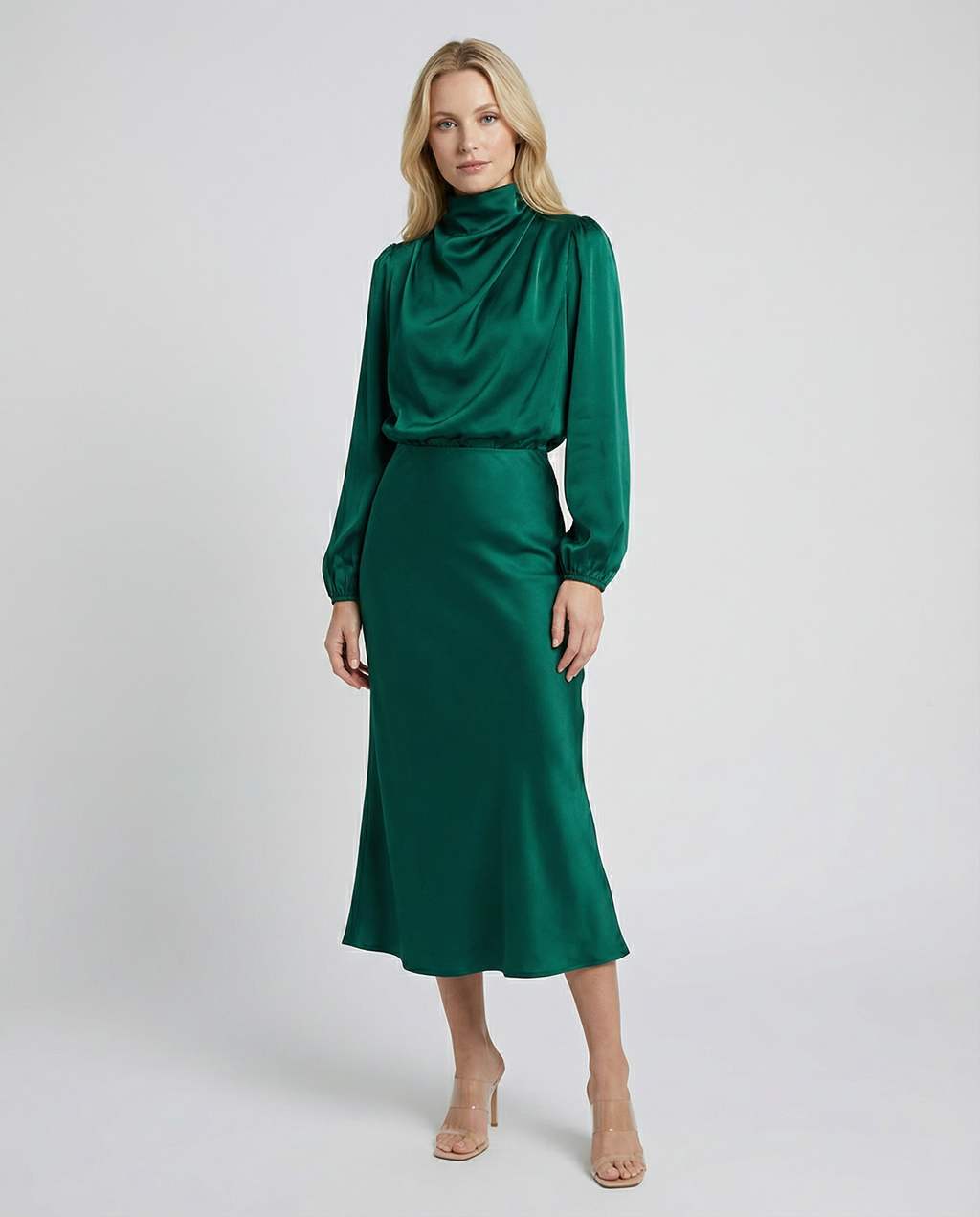 Jade green satin midi dress with long sleeves, high neck, and fitted waist
