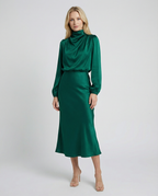 Jade green satin midi dress with long sleeves, high neck, and fitted waist