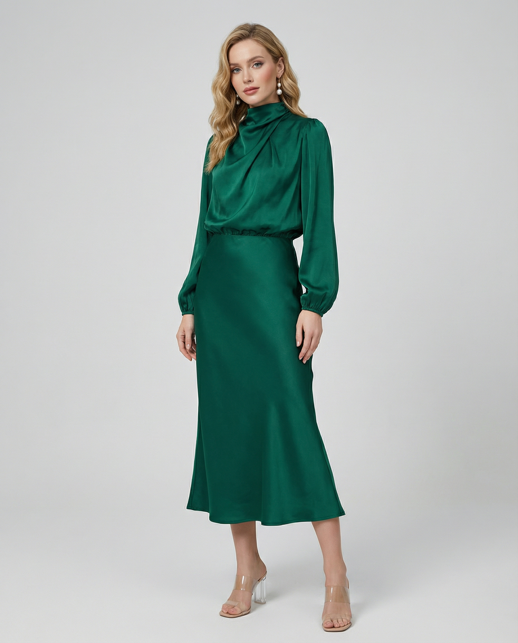 Dark green satin midi dress with long balloon sleeves, high neck, and waist seam