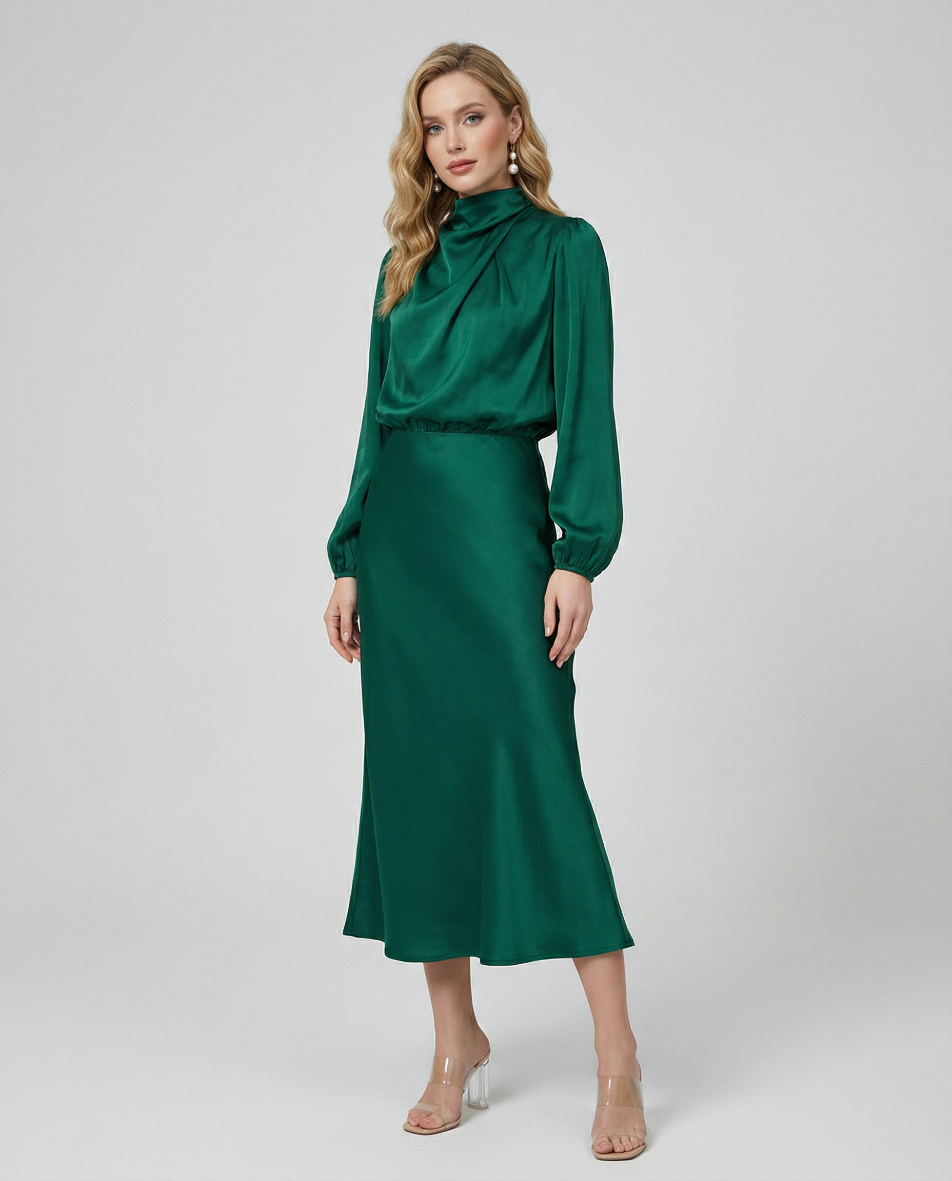 Dark green satin midi dress with long balloon sleeves, high neck, and waist seam