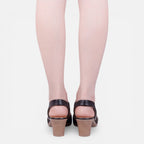 Women’s black block-heel sandals with crisscross straps and open toe
