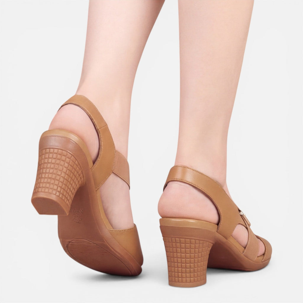 Women’s tan block-heel sandals with open toe and ankle strap, side view