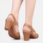 Women’s tan block-heel sandals with open toe and ankle strap, side view
