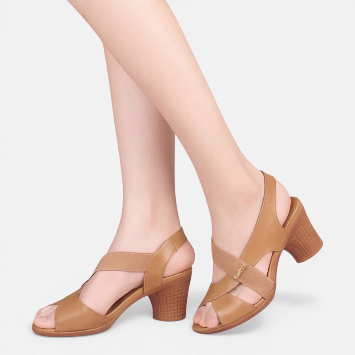 Women’s tan block-heel sandals with two straps and open toe