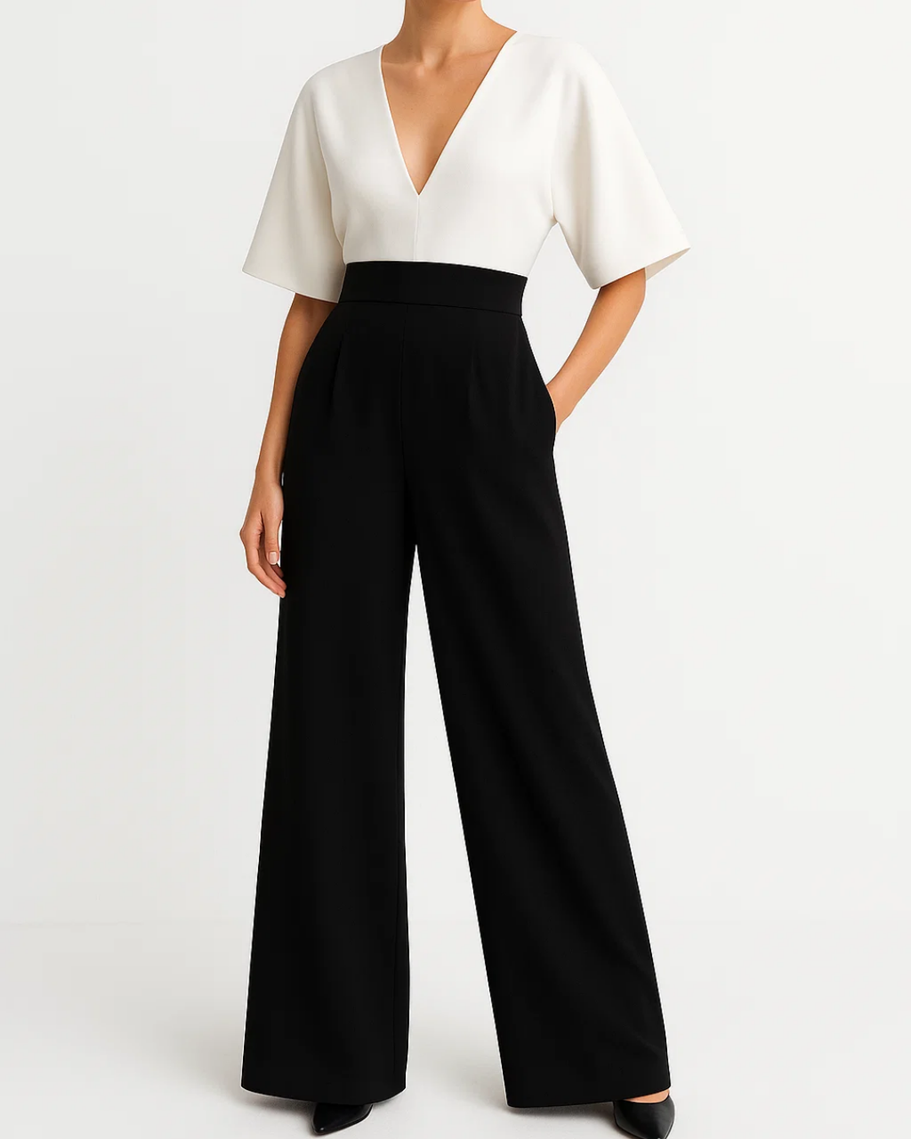 Two-tone women's wide leg jumpsuit, white V-neck short sleeves, black wide-leg pants