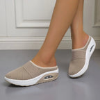 Beige backless slip-on knit sneakers with white sole and oval side detail