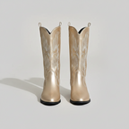Gold cowboy boots pair with western embroidery and block heel