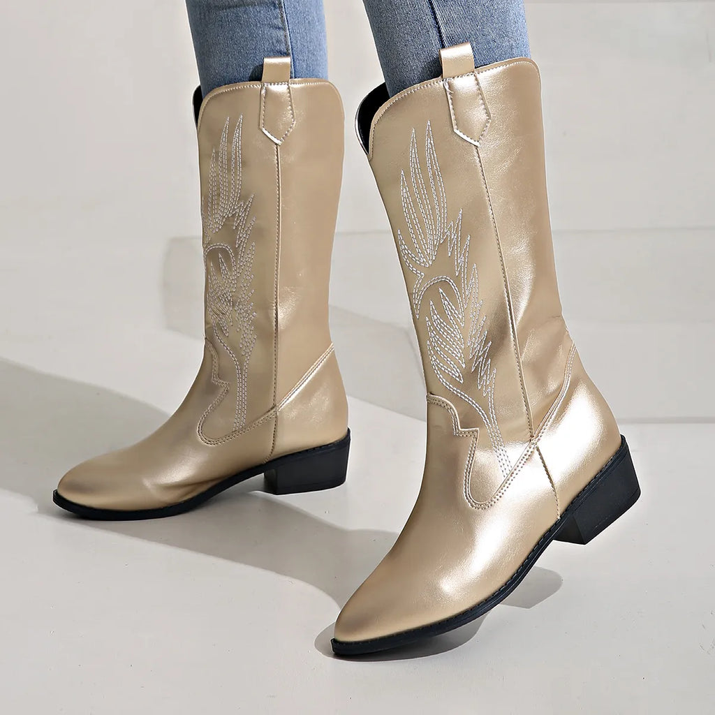 Gold cowboy boots with western embroidery and block heel, pointed toe