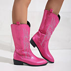 Hot pink cowboy boots with western embroidery and block heel