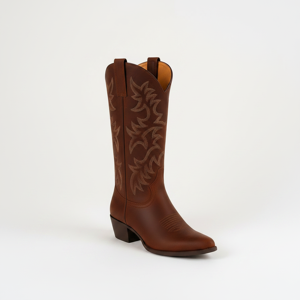 Brown cowboy boot with ornate floral stitching, low block heel and pull tab