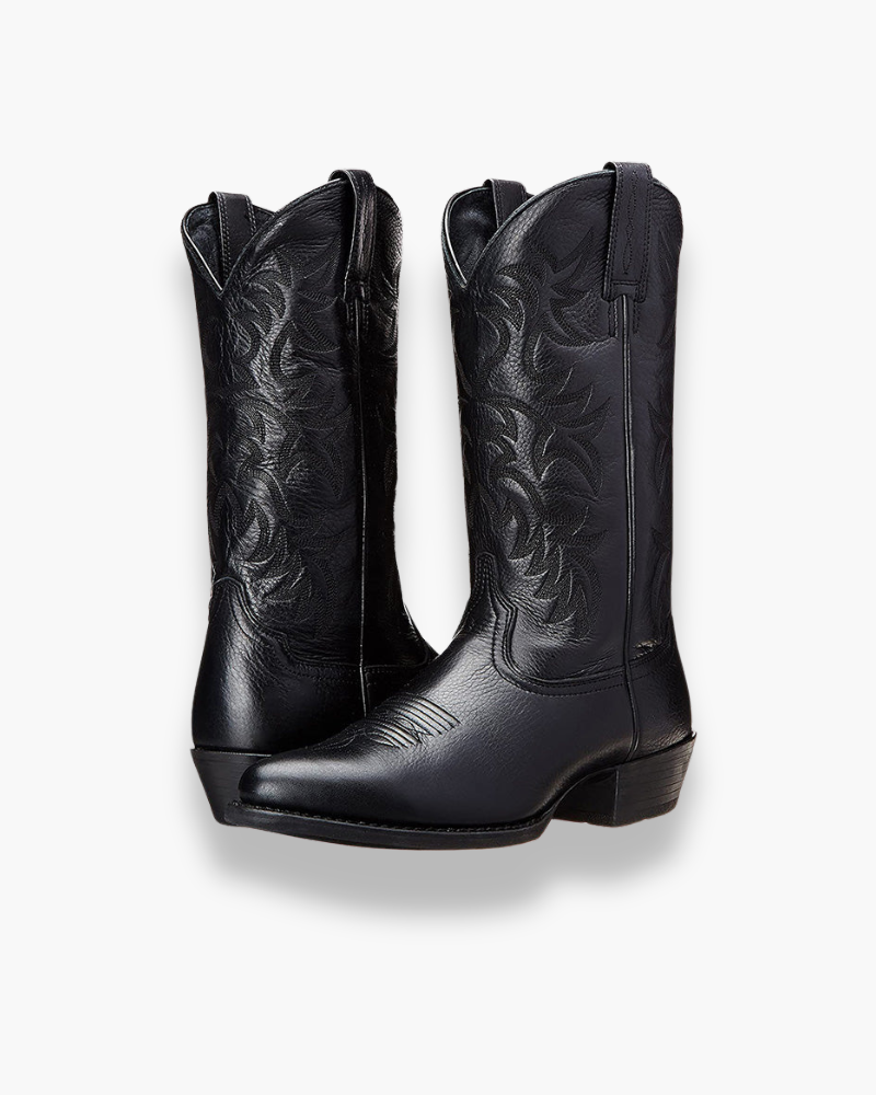Black cowboy boots with embossed floral stitching and block heel