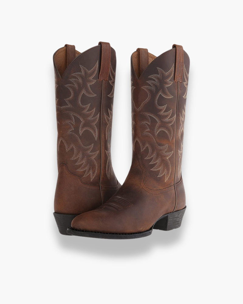 Brown cowboy boots with ornate cutout-style stitching and block heel