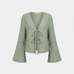 Women's deep V-neck bell sleeve top in sage green with bow-tie front