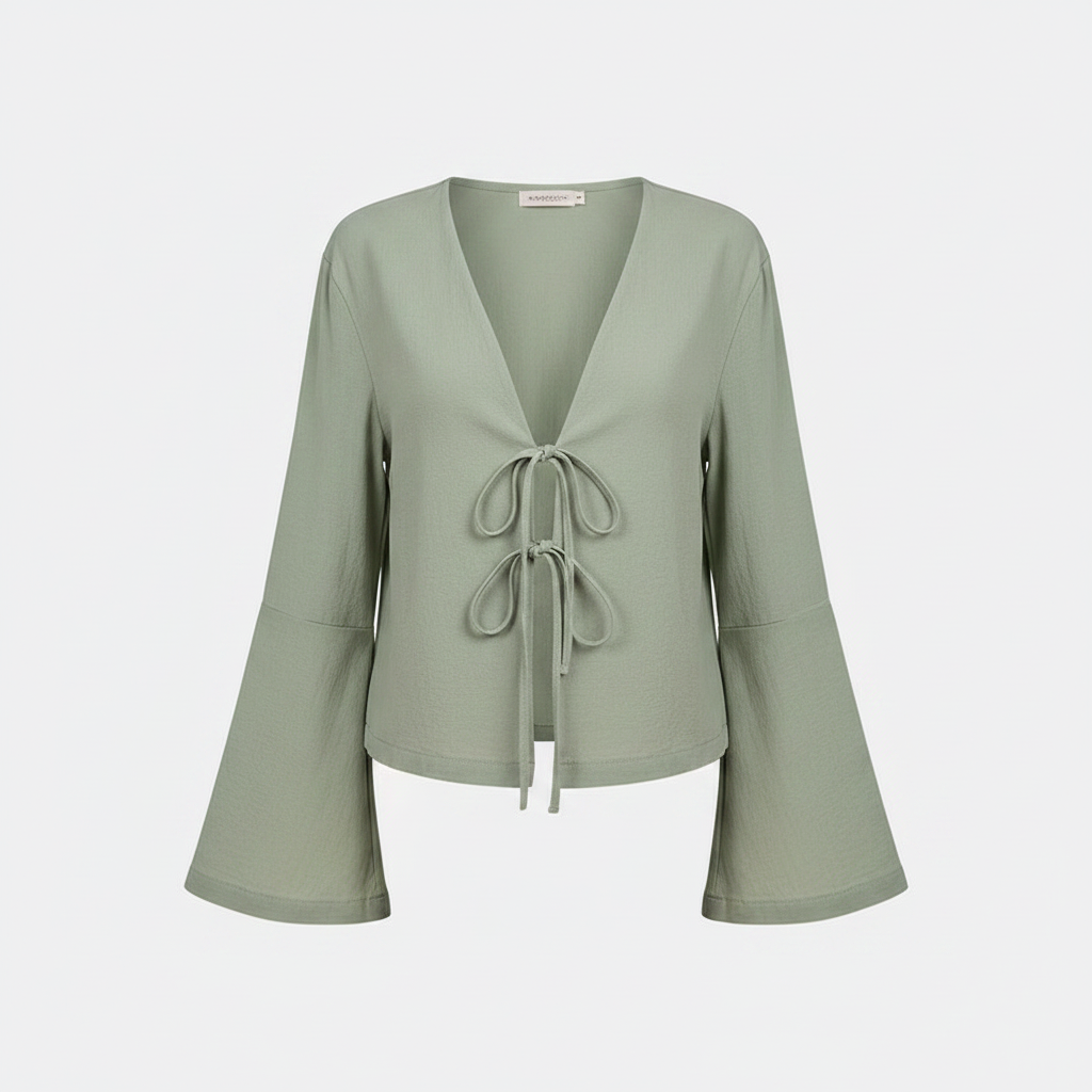 Women's deep V-neck bell sleeve top in sage green with bow-tie front