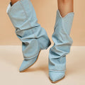 Denim knee-high boots, folded cuff and pointed toe with low wooden heel
