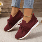 Lightweight slip-on knit sneakers in burgundy, lace-up bow, white rubber sole