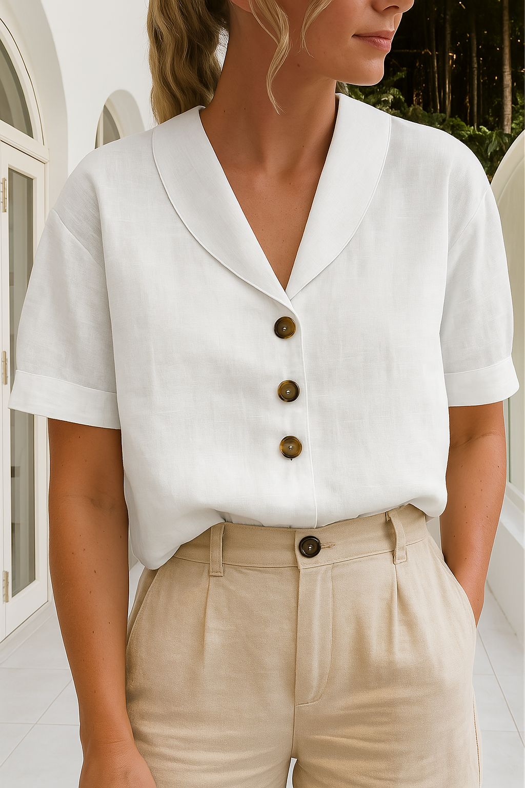 White linen blouse with shawl collar, short sleeves, button front
