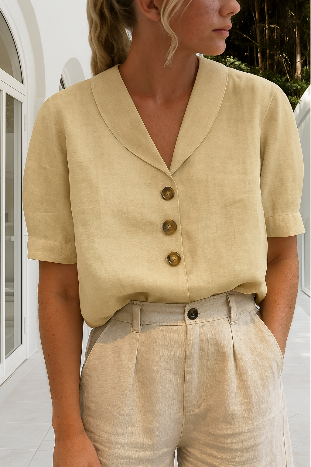 Beige linen blouse with shawl collar, short sleeves, button front