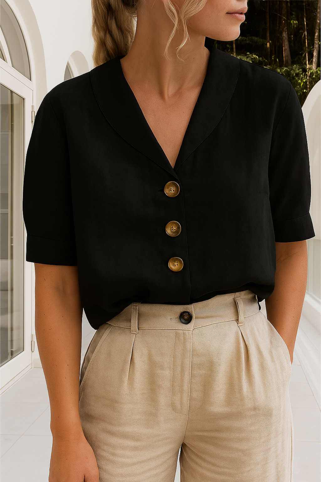 Black linen blouse with shawl collar, short sleeves, button front