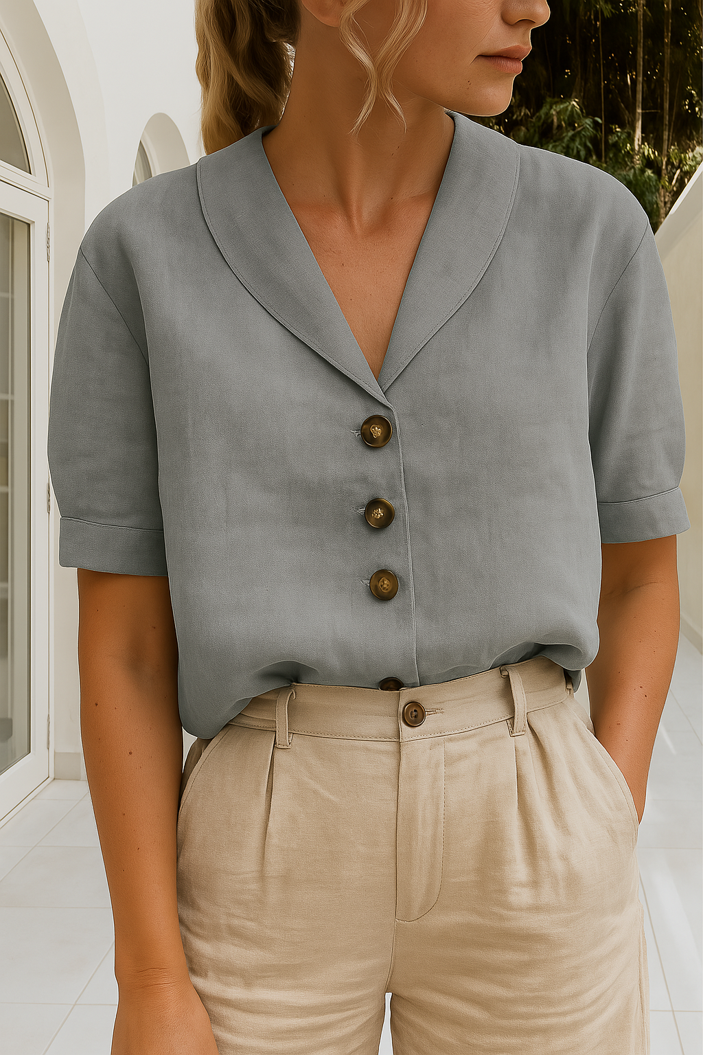 Grey linen blouse with shawl collar, short sleeves, button front