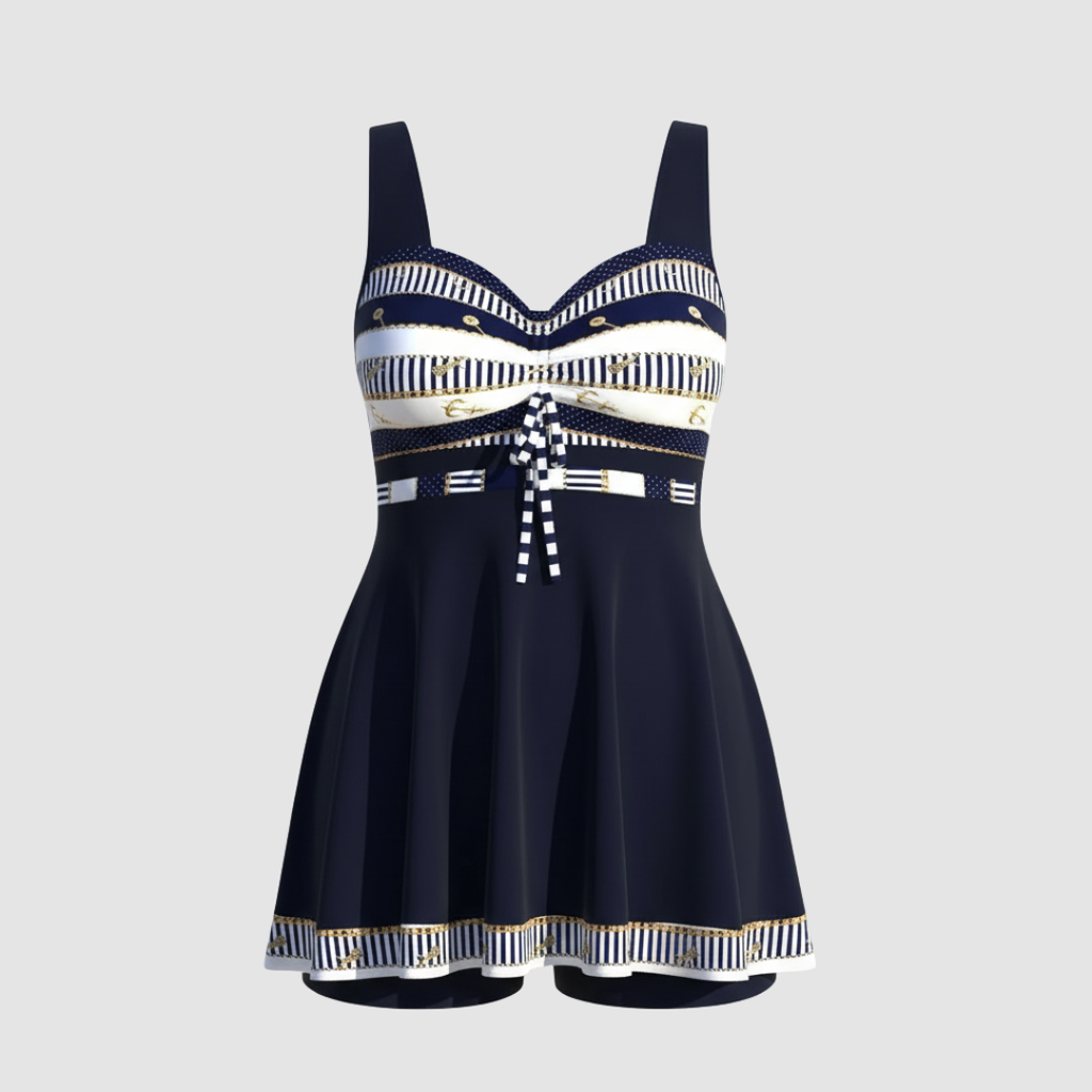 Nautical Print One Piece Swim Dress with Built In Briefs
