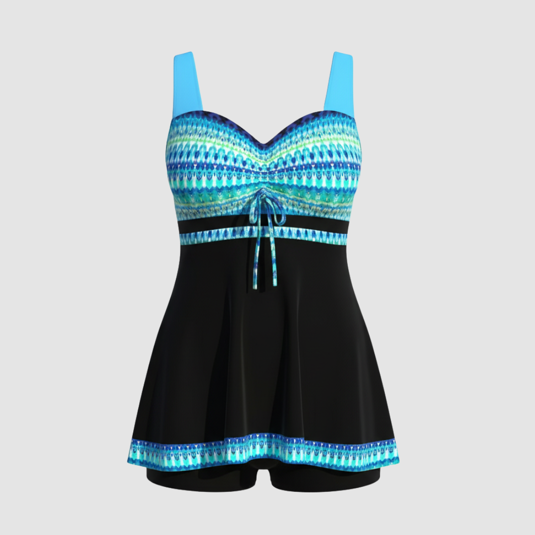 Nautical Print One Piece Swim Dress with Built In Briefs